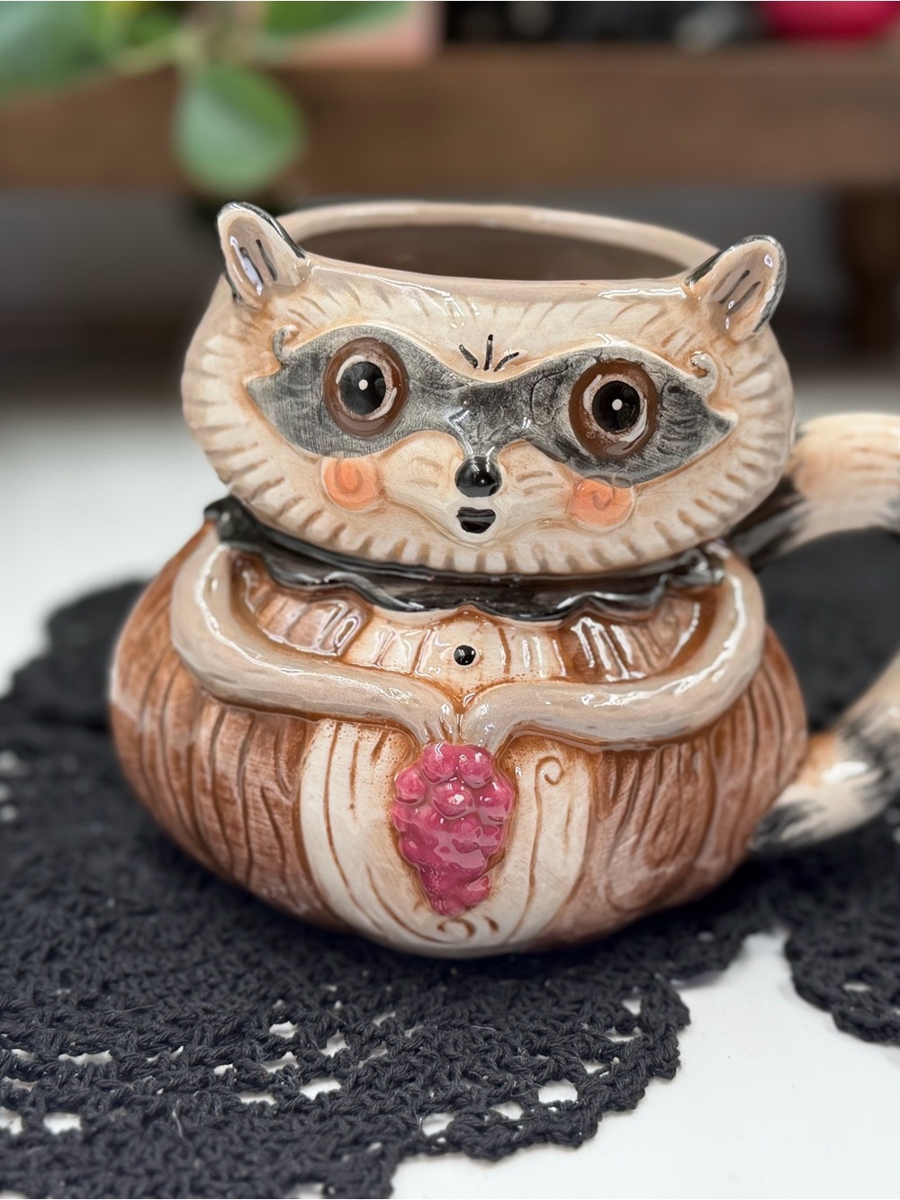 Brown and Pink Ceramic Raccoon Planter by